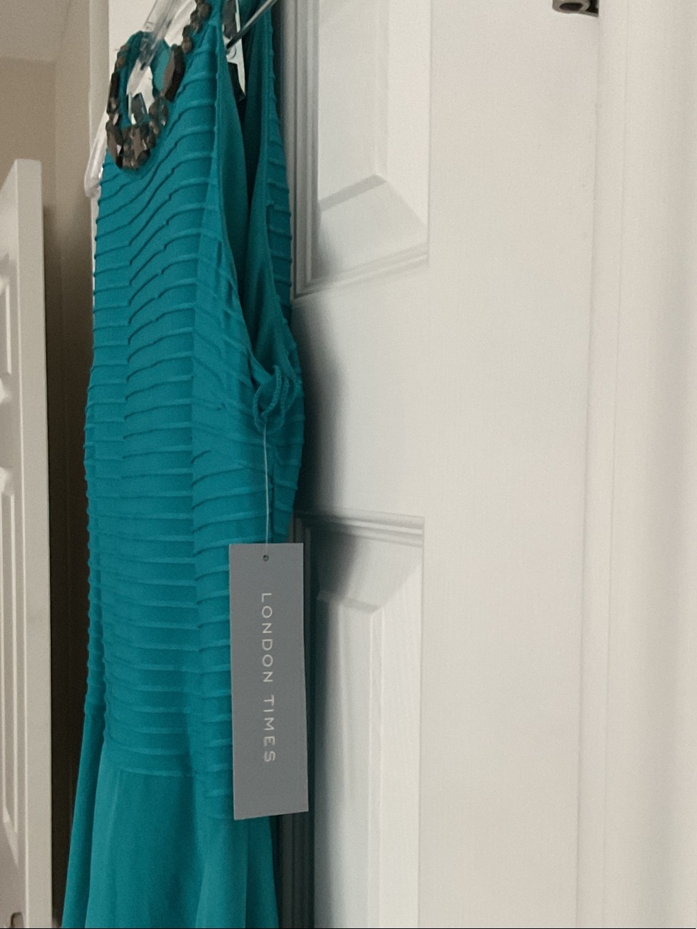 London Times Teal High-Neck Beaded Gown - Picture 4 of 6